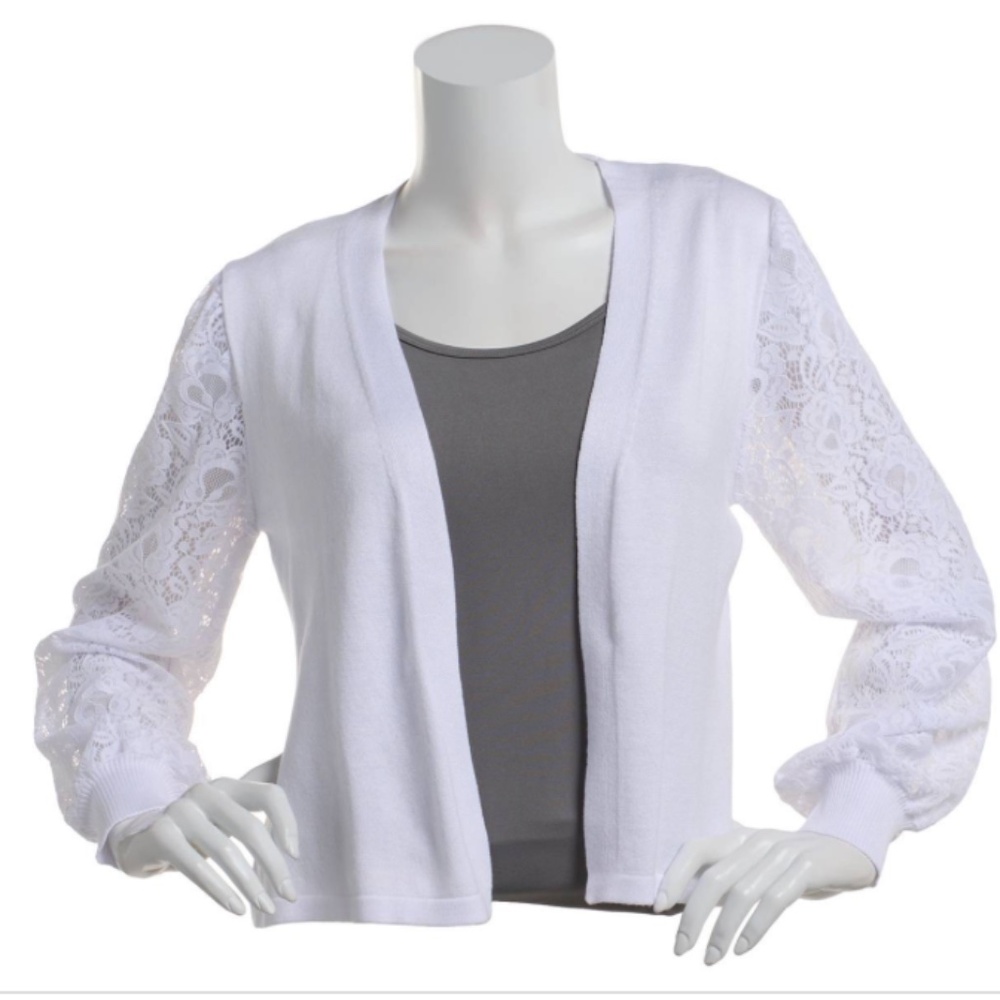 Womens Robbie Bee 3/4 Lace Sleeve Open Bolero Shrug-White-L